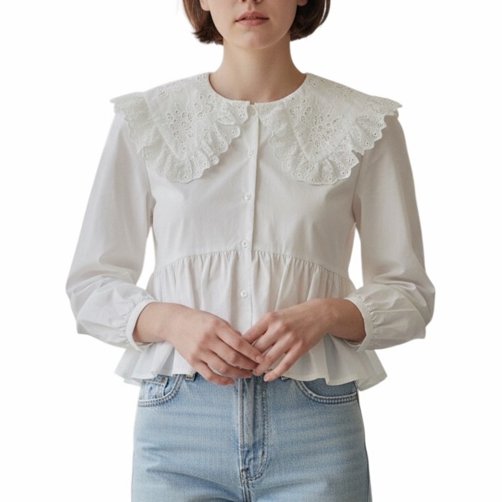Coquette Only blue denim elegant peplum ruffle blouse size 36/small a35
